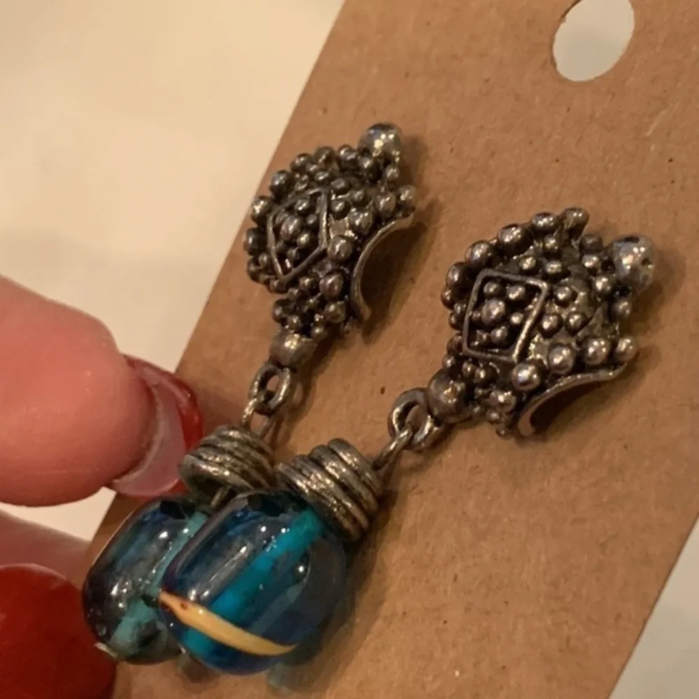 💐5/25 silver tone blue art glass round bead dangle drop - Picture 2 of 6